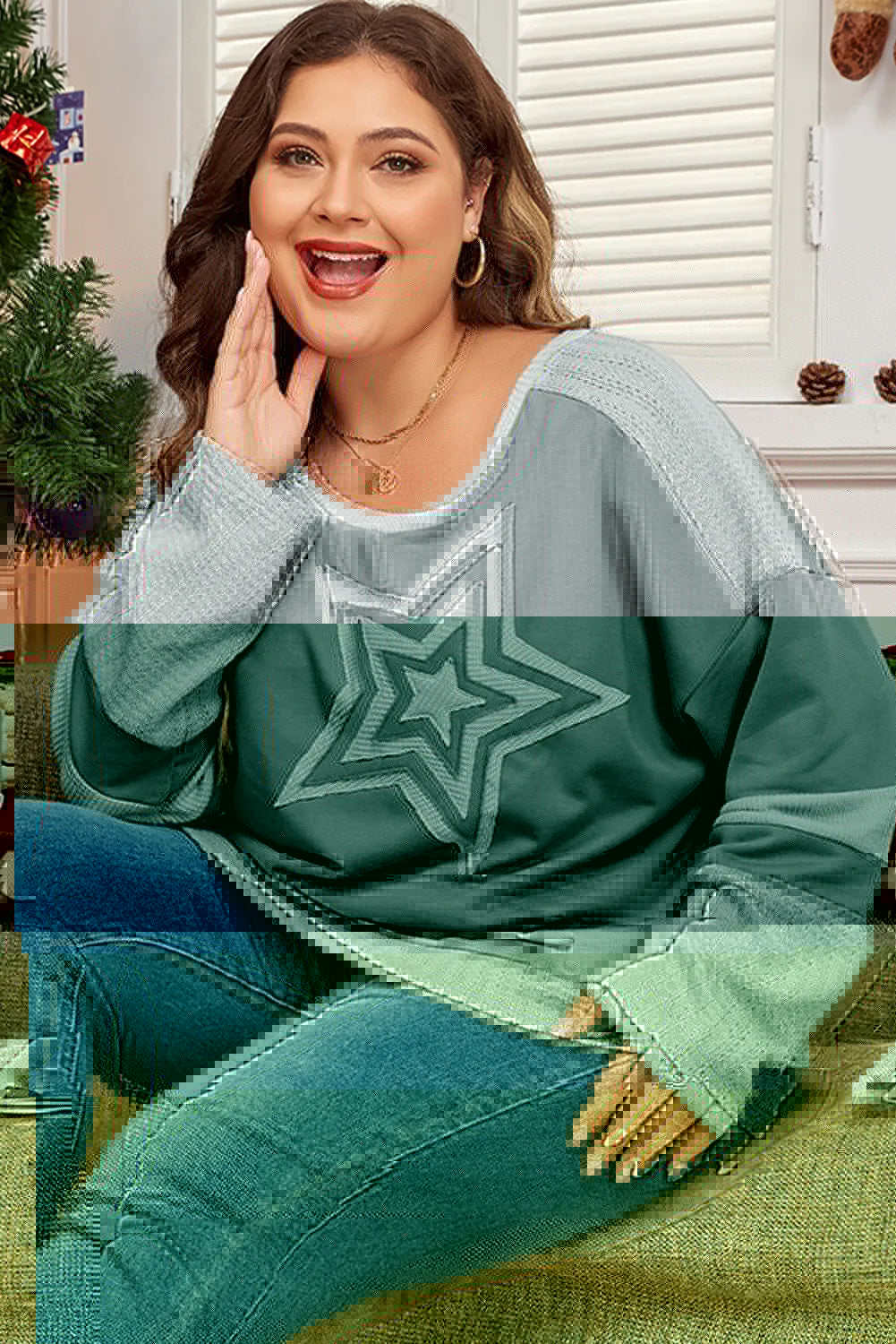 Plus Size Star Round Neck Long Sleeve Top