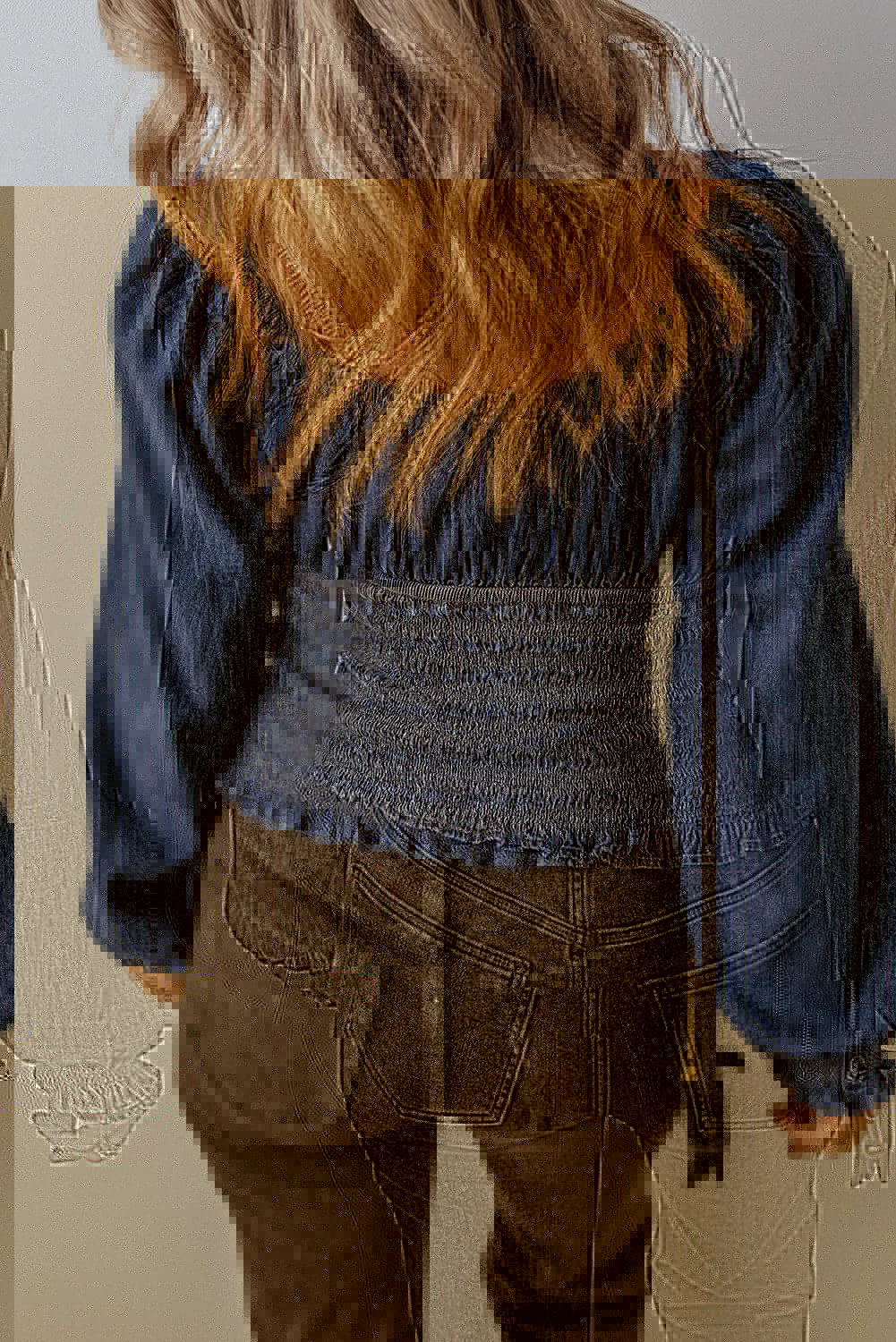 Smocked Long Sleeve Denim Top