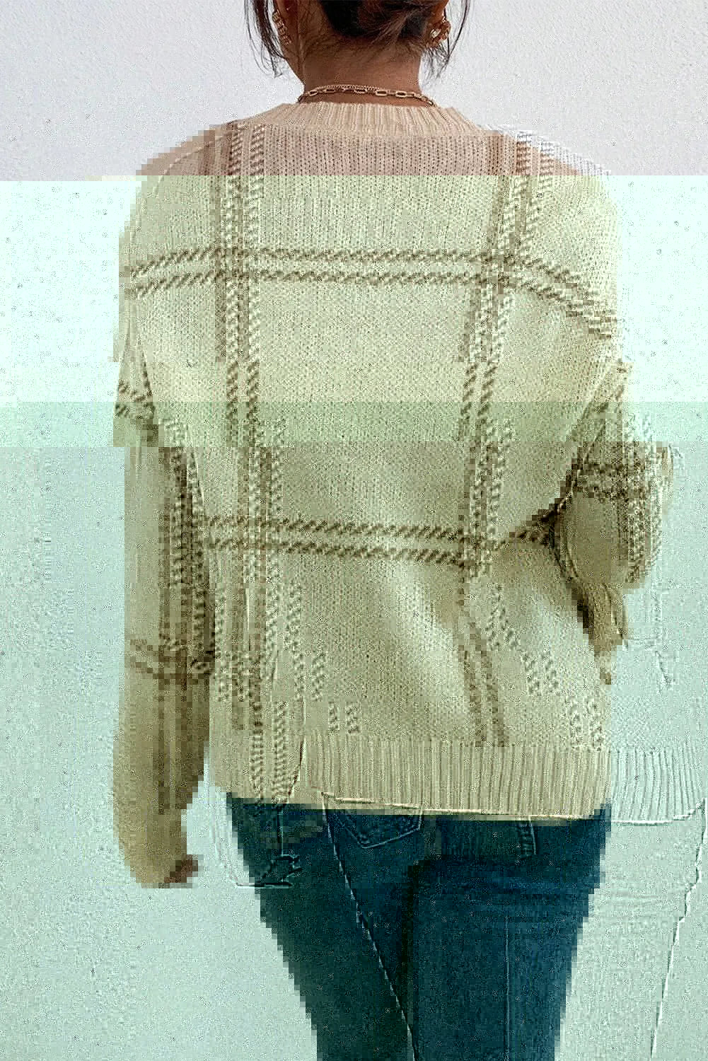 Plaid Round Neck Dropped Shoulder Sweater