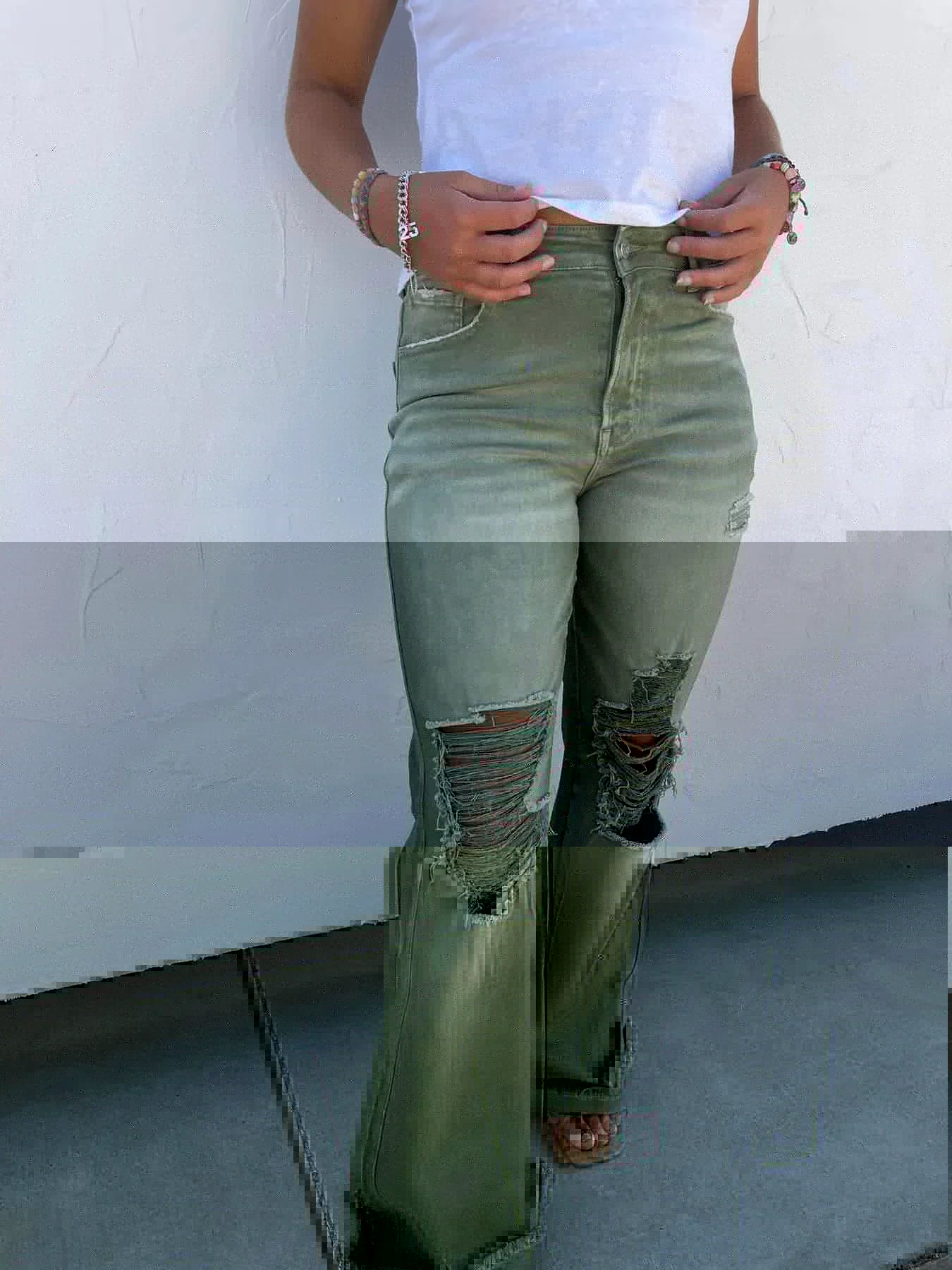 Blakeley Distressed Jeans In Olive and Camel