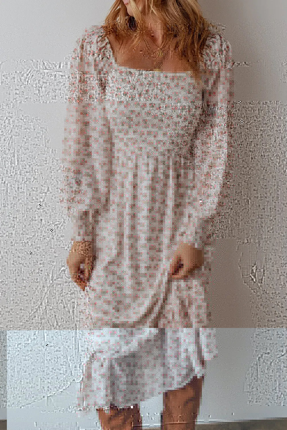 Smocked Floral Square Neck Long Sleeve Midi Dress