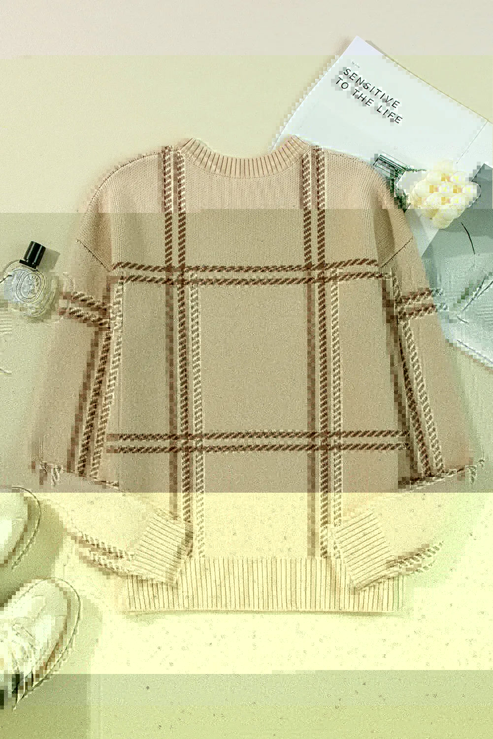 Plaid Round Neck Dropped Shoulder Sweater