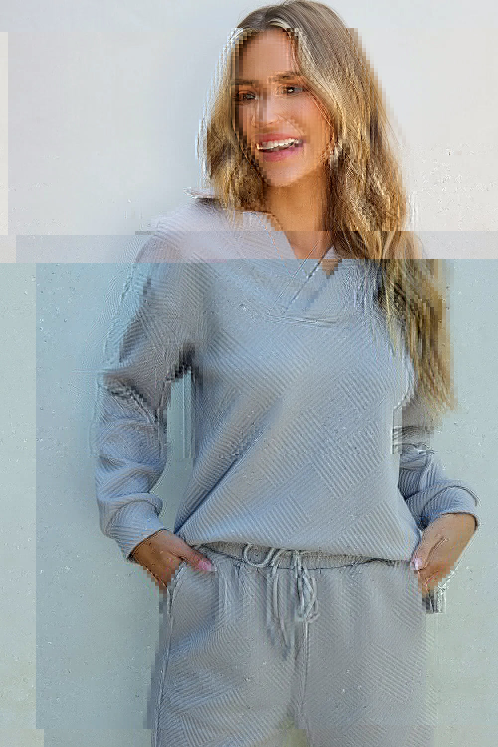 Textured Long Sleeve Top and Drawstring Pants Set