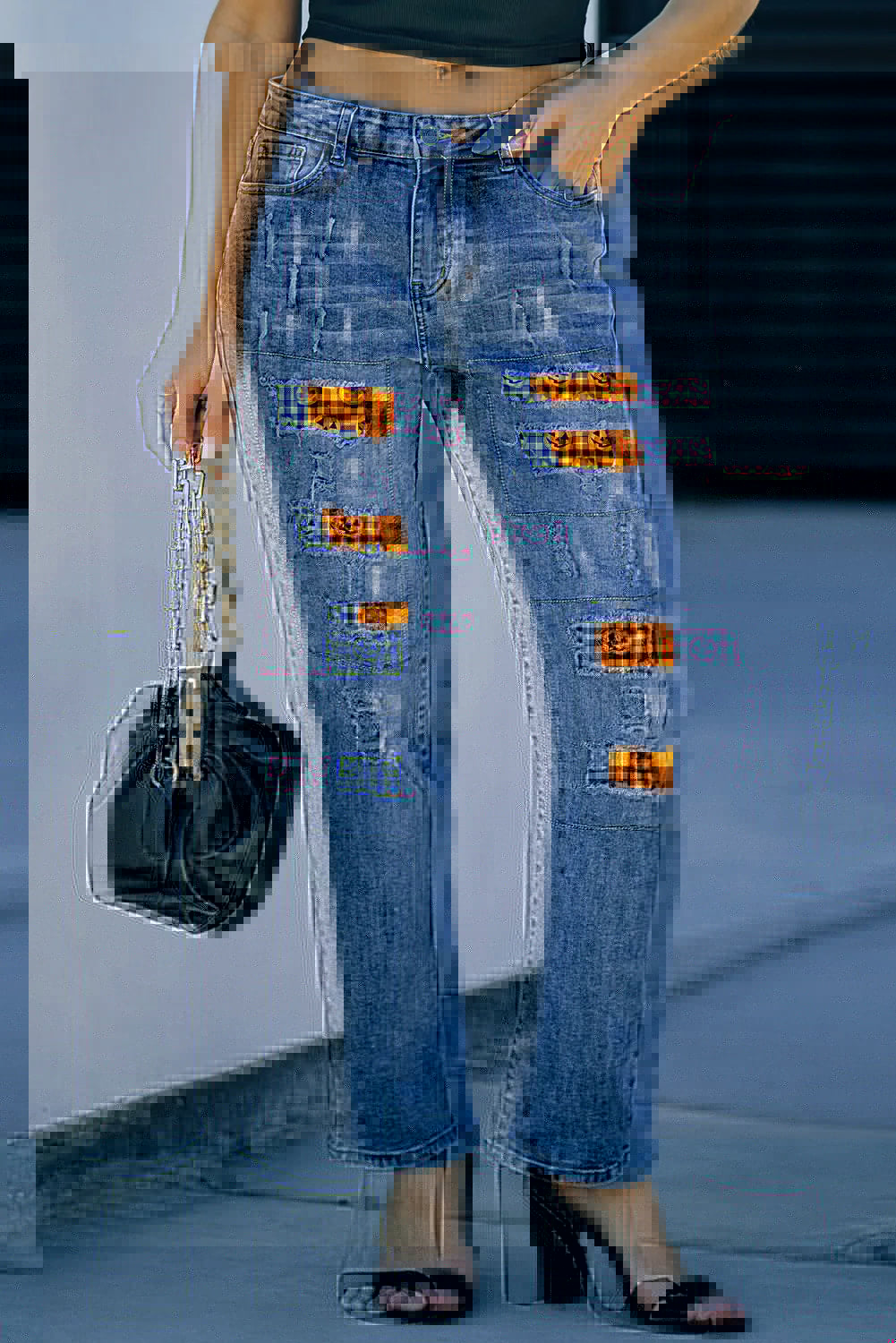 Distressed Pumpkin Pattern Jeans with Pockets