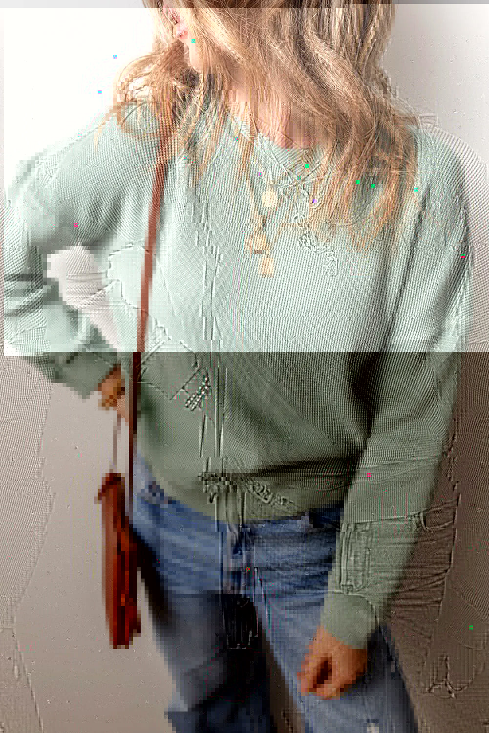 Waffle-Knit Long Sleeve Dropped Shoulder Top