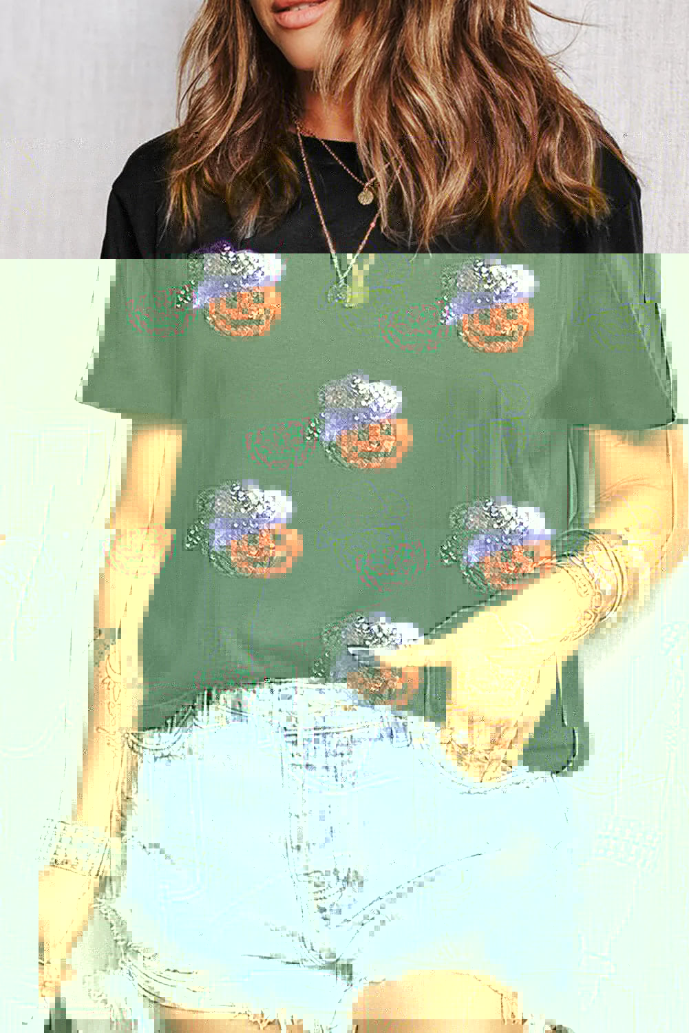 Sequin Pumpkin Round Neck Short Sleeve T-Shirt