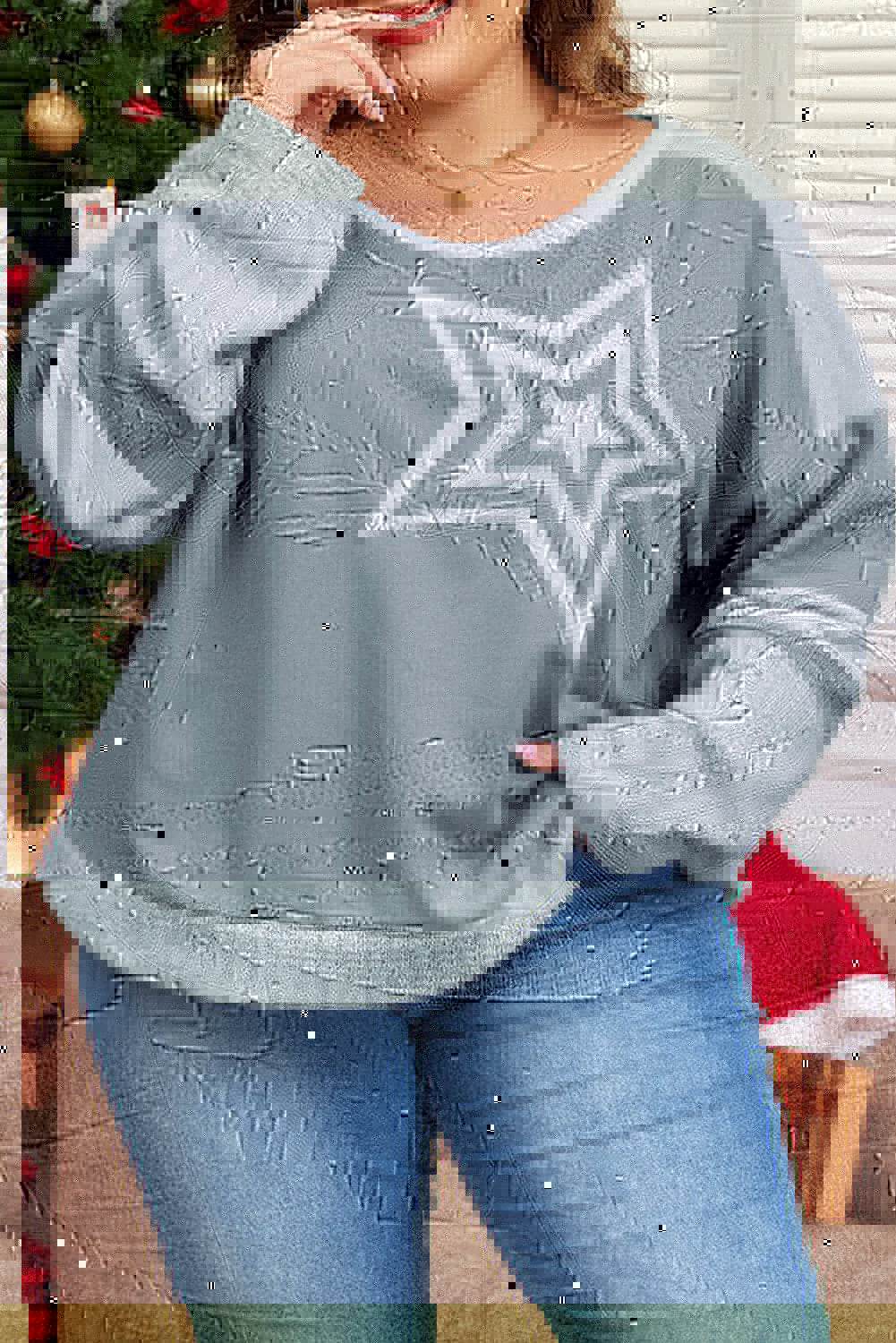 Plus Size Star Round Neck Long Sleeve Top