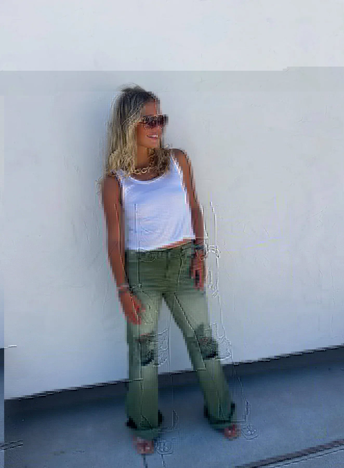 Blakeley Distressed Jeans In Olive and Camel